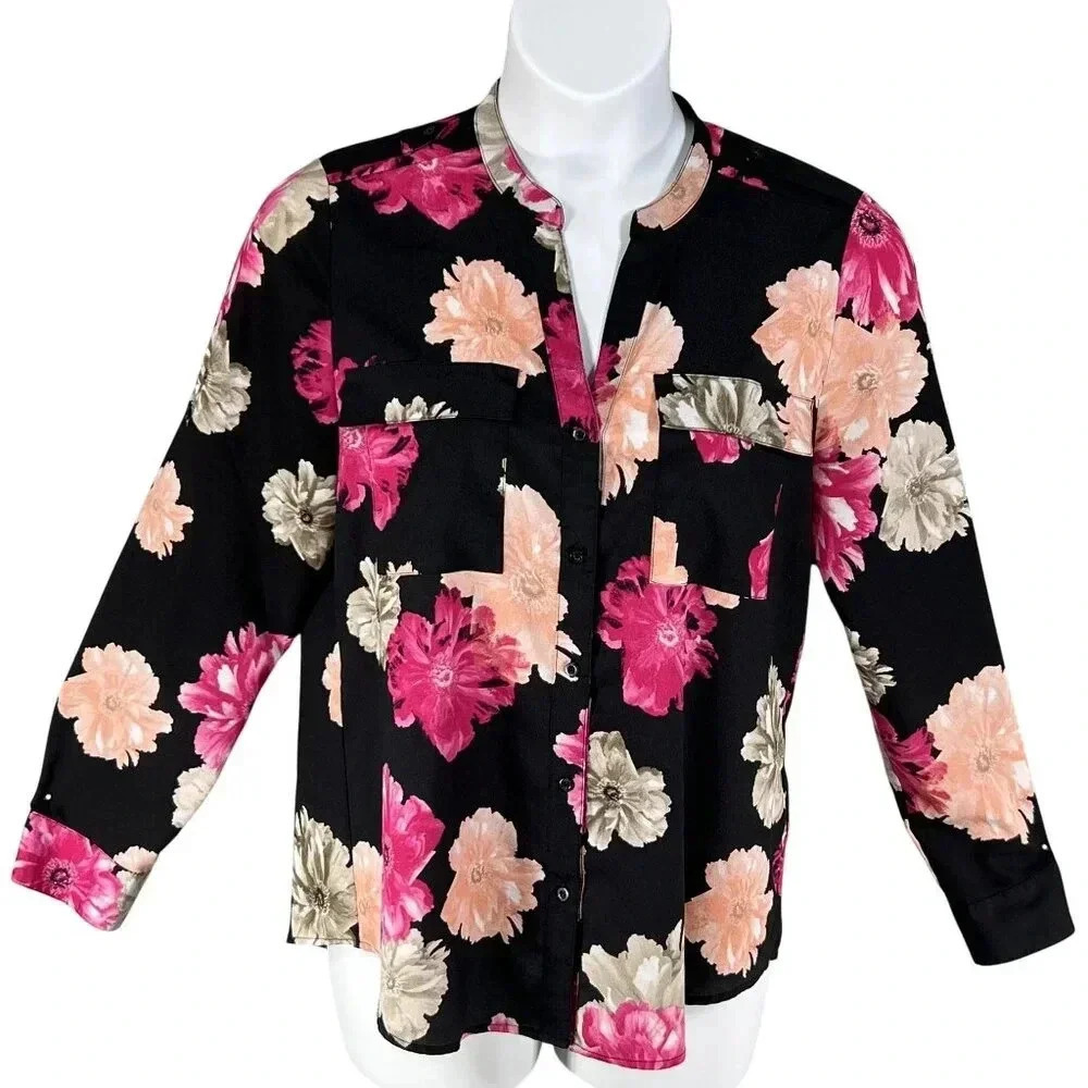 Calvin Klein Women L Black Pink Floral Button-Up Blouse Long Roll Tab Sleeve Top